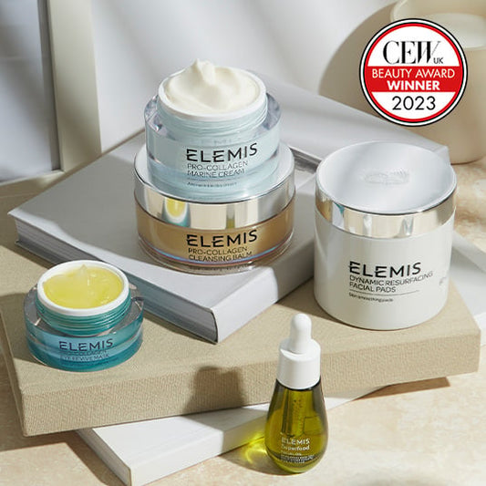 CEW Beauty Awards Winner 2023 Elemis Pro-Collagen Marine Cream shown as part of skincare routine.