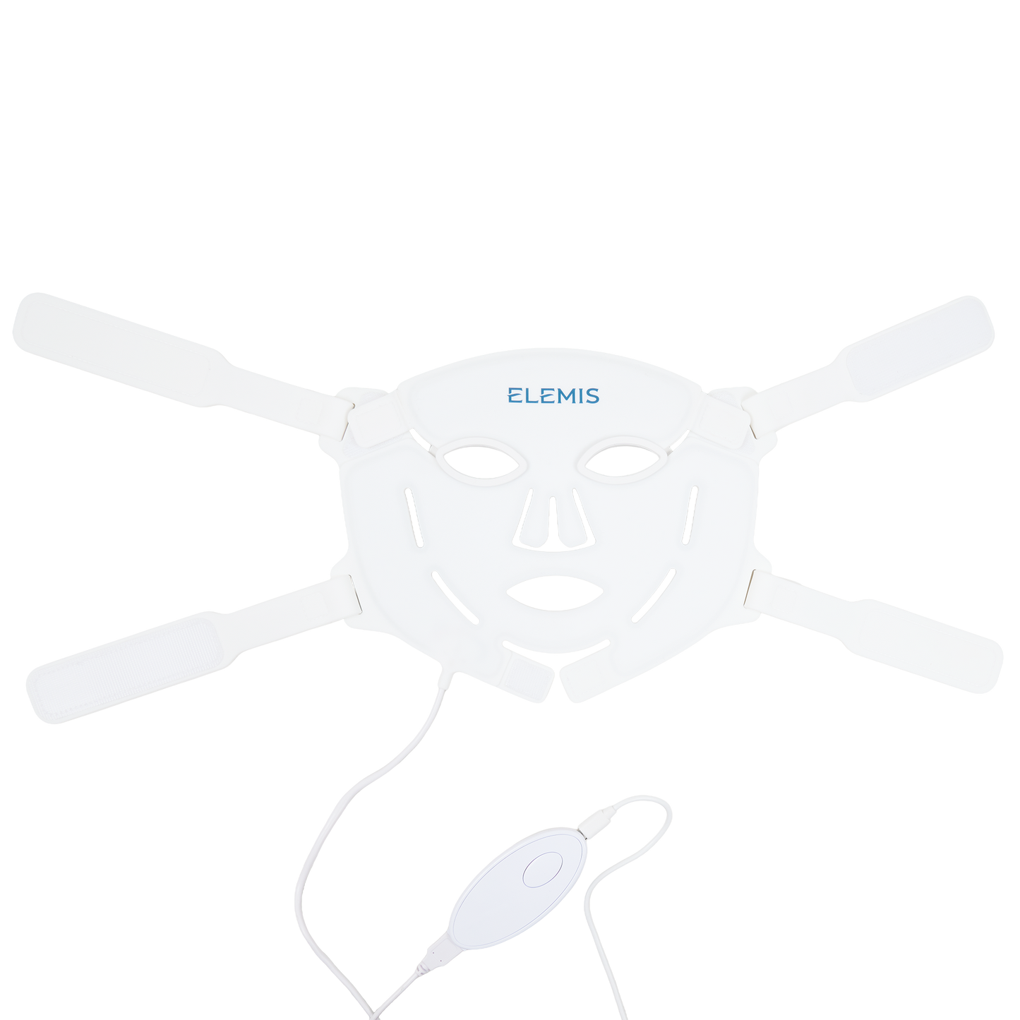 A white ELEMIS LED facial mask device with multiple arm-like extensions and a separate white cable/connector, shown on a plain white background.