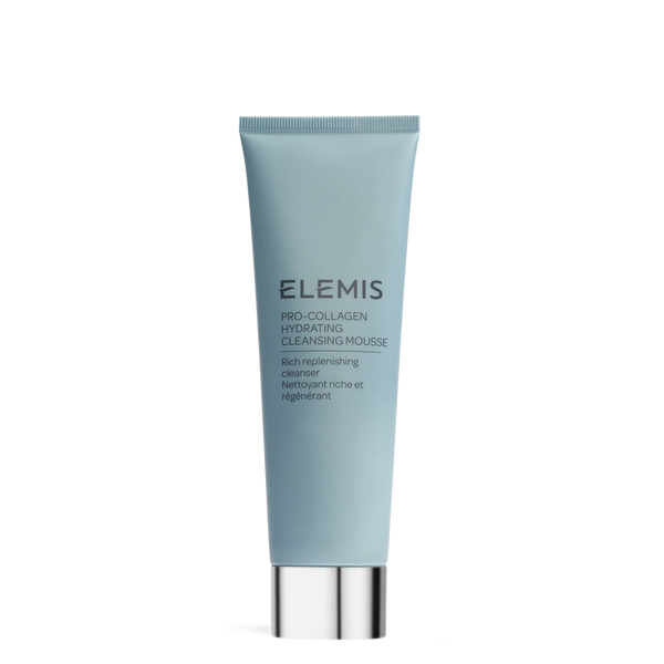 Elemis Pro-Collagen Hydrating Cleansing Mousse in a light blue squeeze tube with a silver cap, centered on a plain white background.
